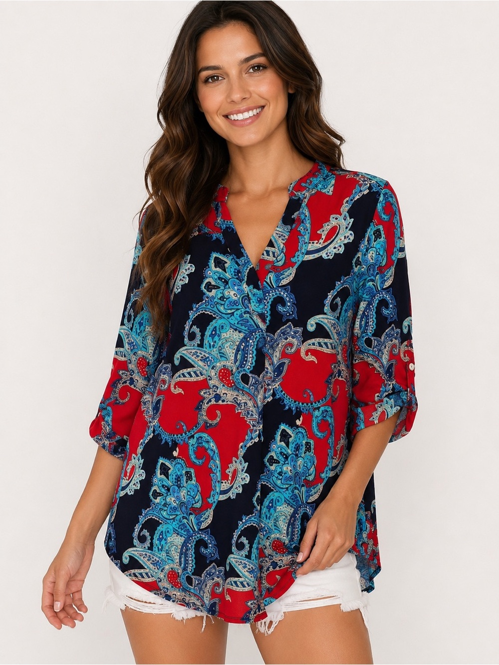 DazzleUp Paisley Tunic Top Swim Cover Up Red Blue Boho Beach Size Medium Resort